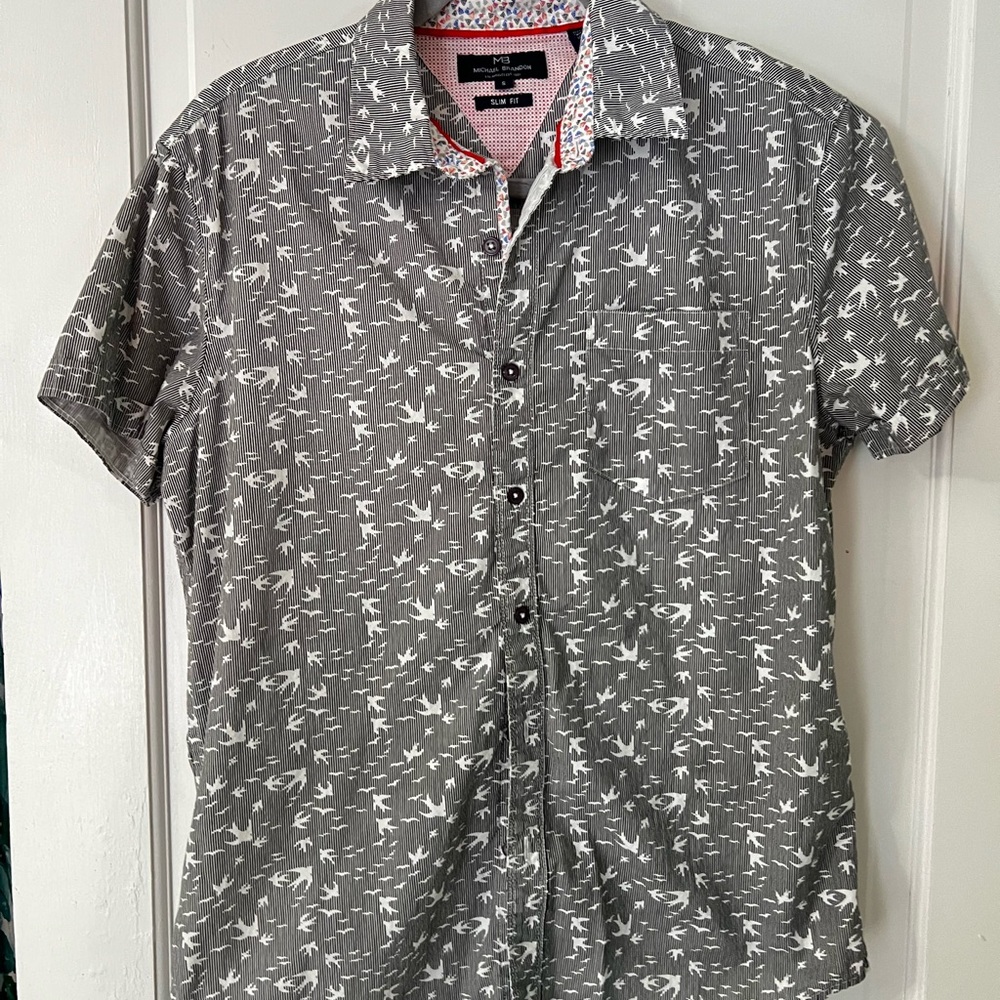 Gray Bird Patterned Young Men's Shirt Slim Short sleeve button